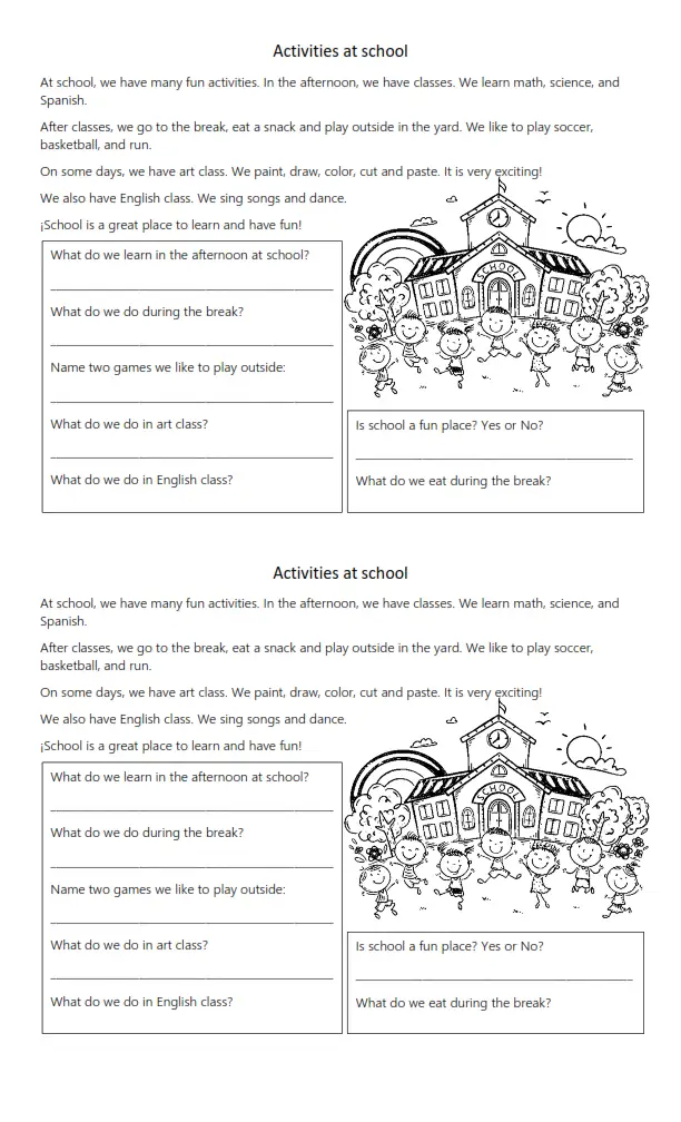 activities at school Worksheet Preview